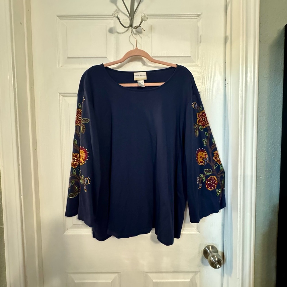 Alfred Dunner Navy Blouse with Floral Embroidery